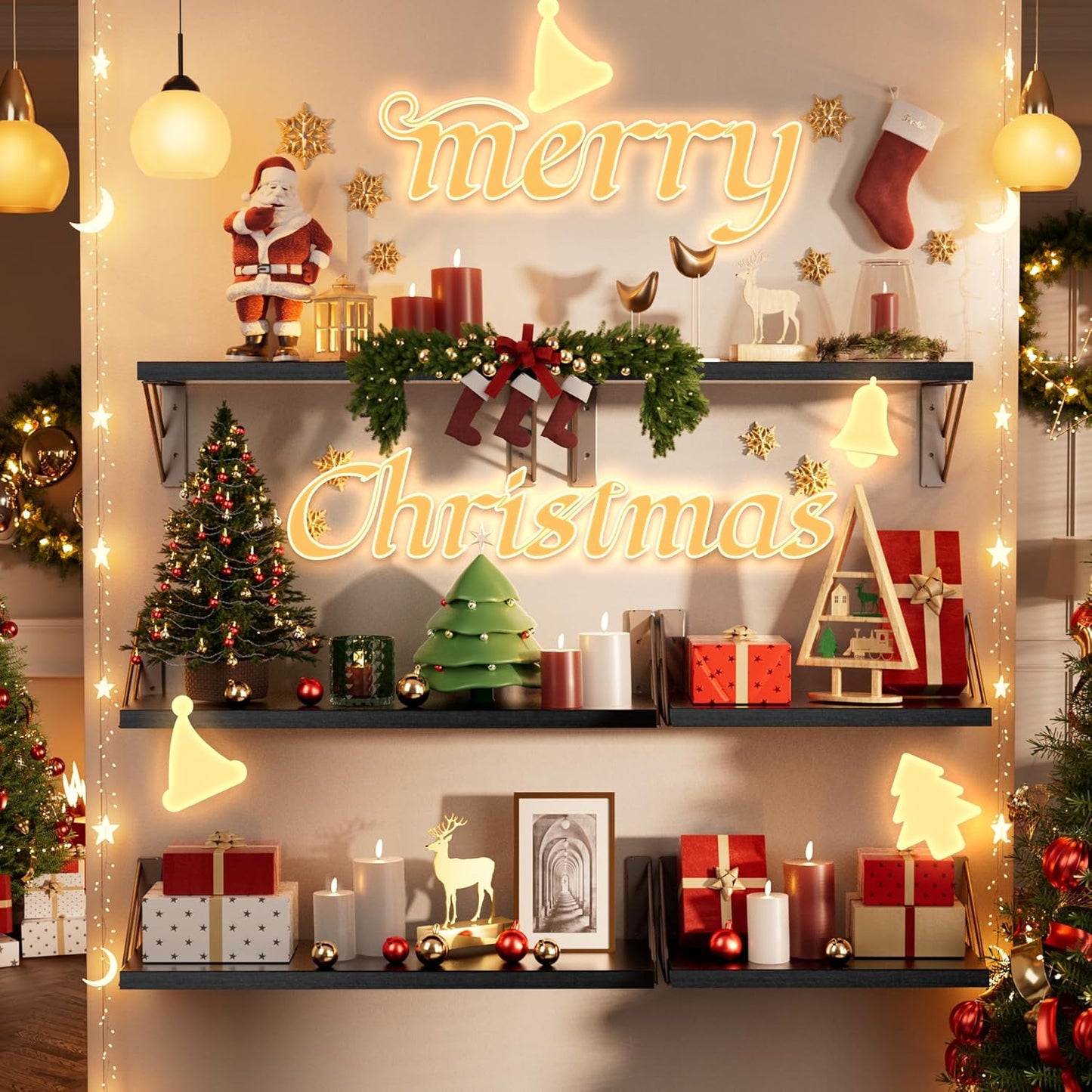 BAYKA Wall Mounted Floating Shelves, Wood Floating Wall Shelf for Books & Decor, Small Space-Saving Display & Organizer（Black，Set of 3）