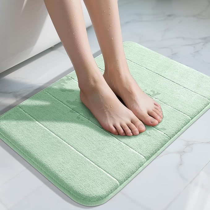 Yimobra Memory Foam Bath Mat, Super Soft Absorbent Bathroom Rug Non Slip, Quick Dry, Machine Washable Floor Carpet for Tub Shower, Home Decor Accessories, 24x17, Pale Green