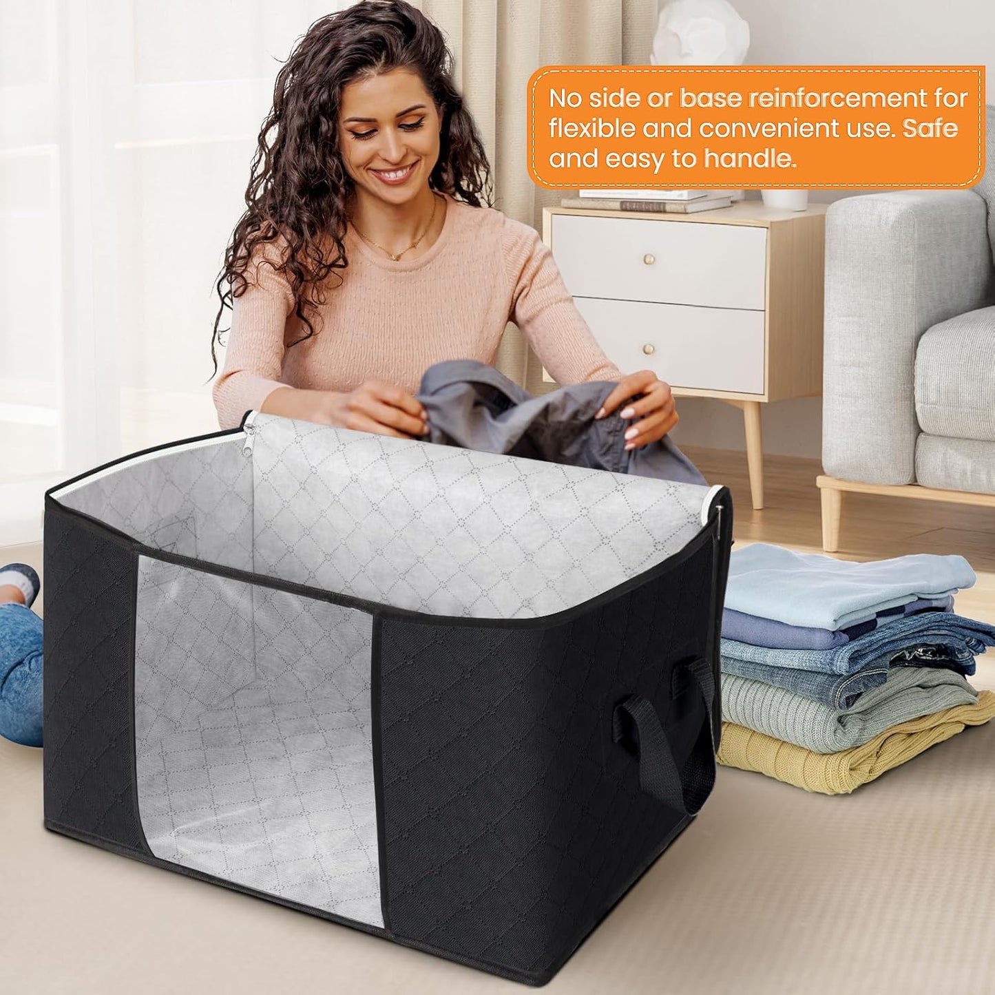 Fab totes 24 Gallons Clothes Storage, Foldable Thick Fabric Blanket Storage Bags, Containers for Organizing Bedroom, Closet, Clothing, Comforter, Organization with Handle (10 Pack,Black)