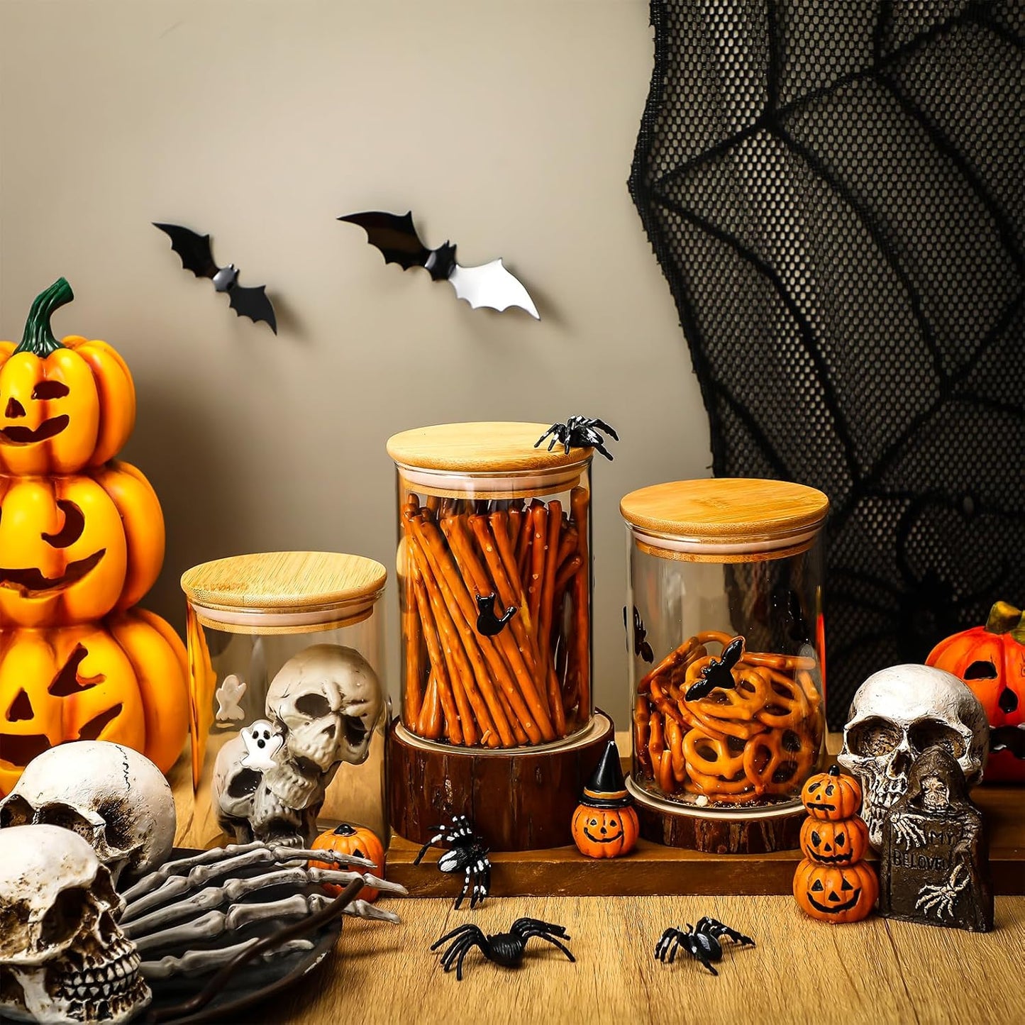 3 Pcs Halloween Icon Glass Storage Jars with Airtight Bamboo Lid Black White Ghost Bat Cat Icon Halloween Glass Jars Canister Sets for Winter Home Kitchen Countertop Decoration