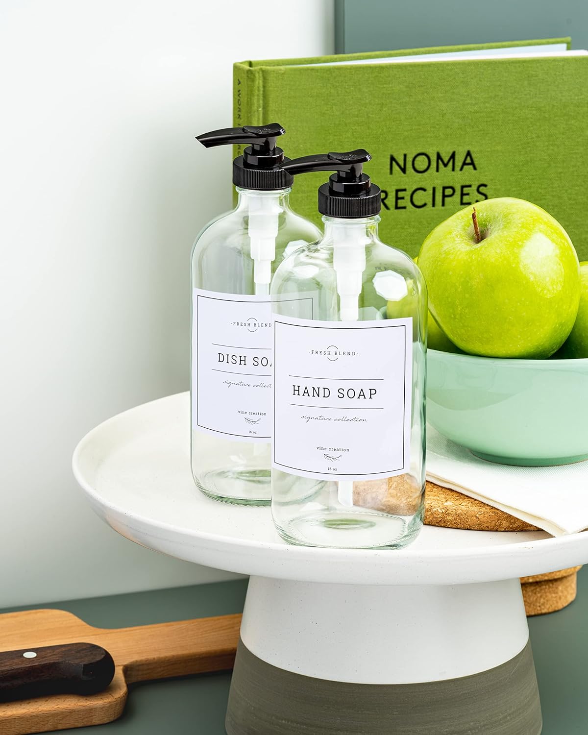 Vine Creations Clear Glass Soap Dispenser, 2 Pack Kitchen Soap Dispenser Set with Rustproof Pump, 16 oz Dish Soap and Hand Soap Dispensers for Bathroom with Waterproof Labels