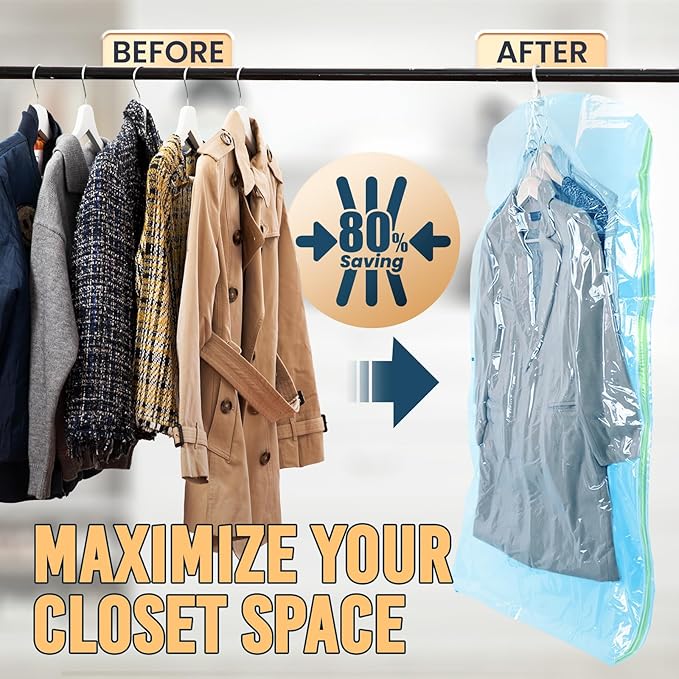 TAILI Hanging Vacuum Storage Sealer Space Saver Bags for Clothes, Coat, Closet Organizers, 4 Pack (2 Long, 2 Short) Blue