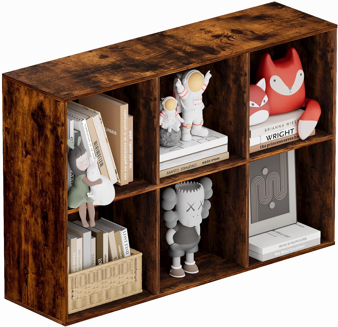 Book Shelf, Wooden Cube Storage Organizer with 11" Open Cubes, Stackable Bookcase for Room Divider Storage, Bookshelf for Living Room, Bedroom, Office (Indonesian Antique Oak, 6-Cube)