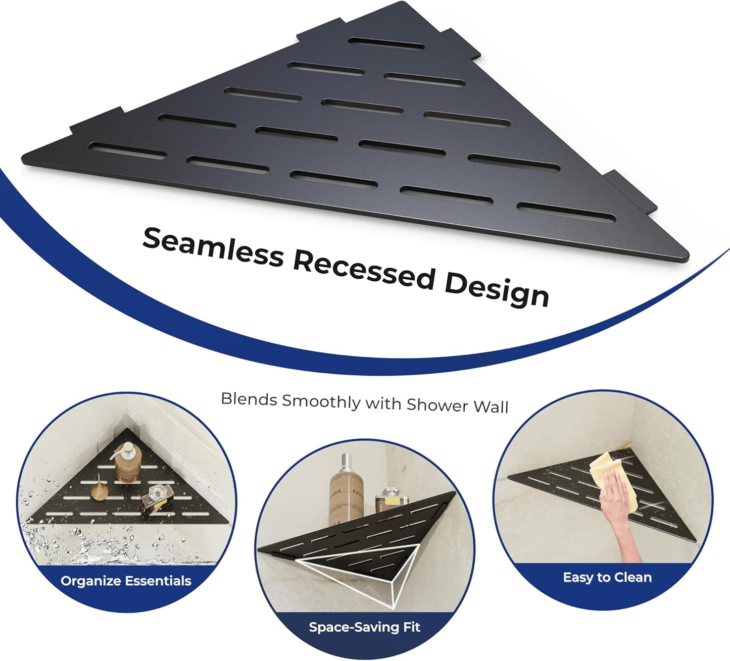 Corner Shower Caddy Shelf, Recessed Built-in Bathroom Storage for Tiled 90° Walls, Matte Black 304 Stainless Steel, Set of 2