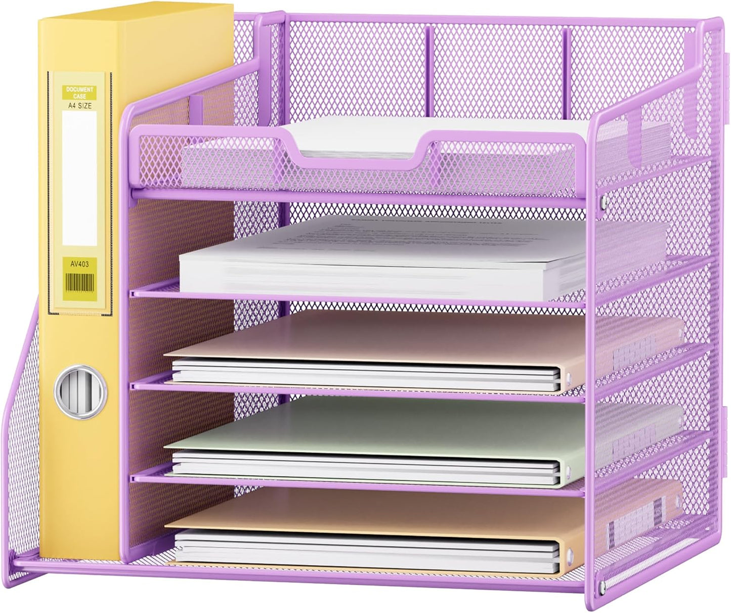 Lavatino 5-Tier Metal Mesh Desk Organizer with File Holder & 7 Customizable Compartments | Paper Letter Tray for Office or Home Desk Storage | Keep Workspace Supplies Neat & Organized, Purple