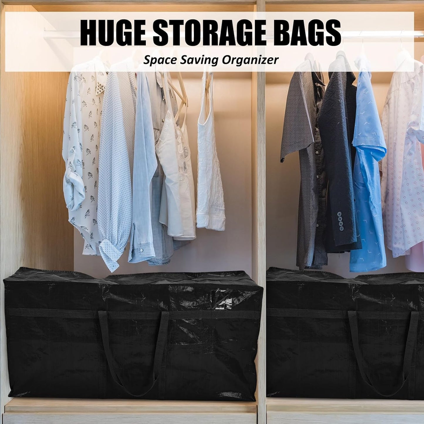 4 Pcs 96 Gallon Large Moving Bags with Zipper and Handles Foldable Storage Duffle Bags Heavy Duty Extra Large Totes for College Dorm Travel Clothes Blankets Bedding Moving (Black)