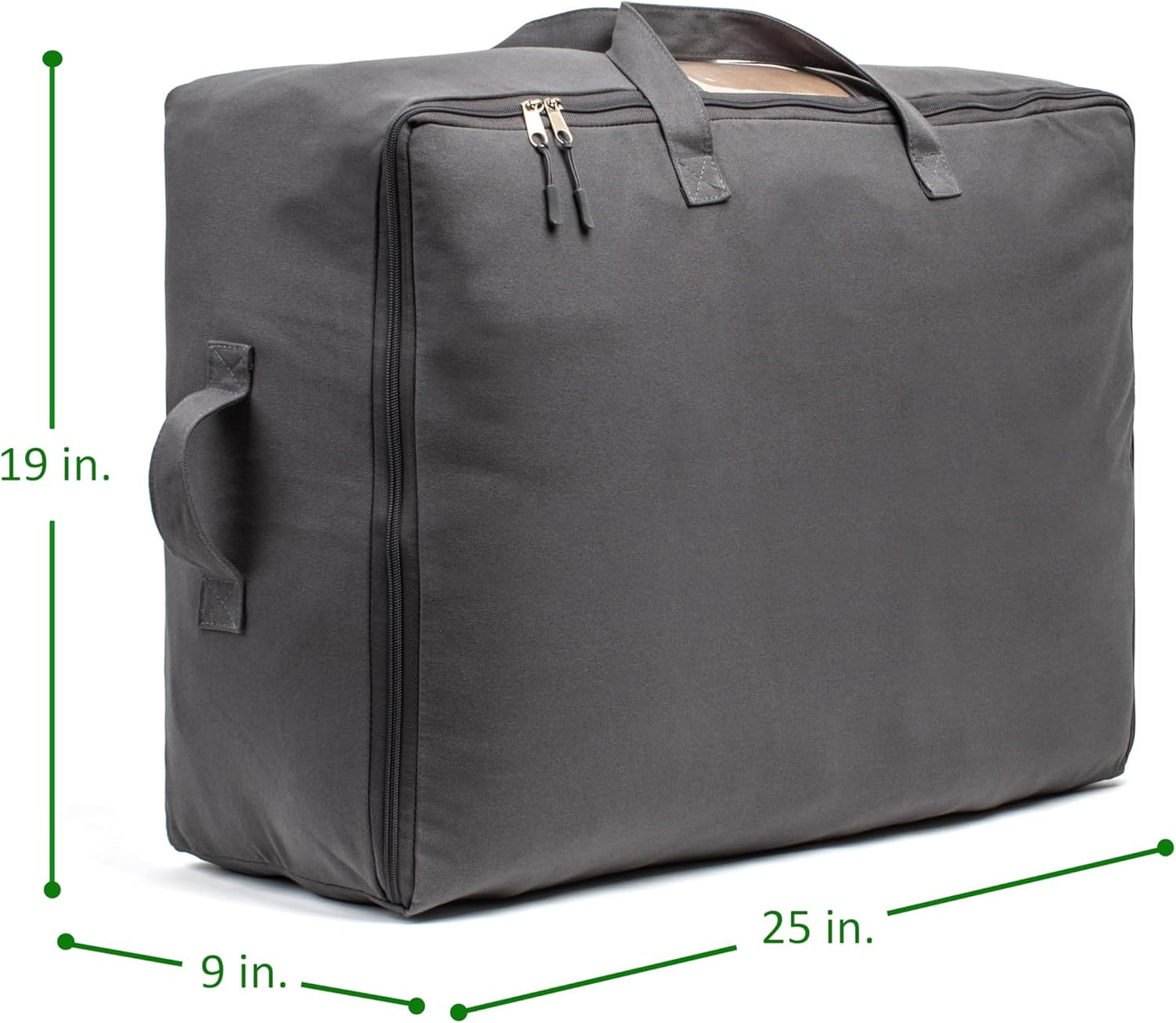 Soft Canvas Storage Bags with Zipper. Thick Breathable, 1pc King/Queen Comforter Organizer. Four Carrying Handles and Window. Large 25x19x9in Bag for Sheets Blankets Bedding Pillows, Clothes (Grey)