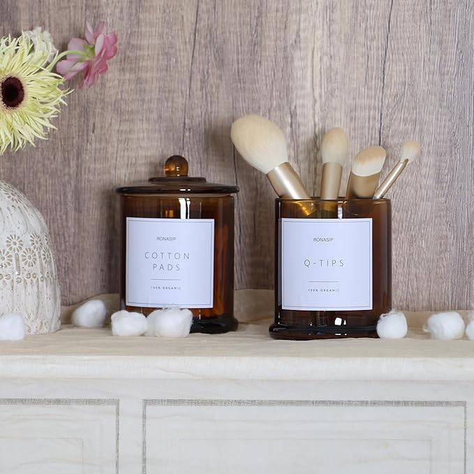 Qtip Holder & Cotton Pad Dispenser, Bathroom Organizer and Storage Canisters, 16oz Glass Apothecary Jars for Kitchen, Restroom - Home Decor Accessories, Room Decor Aesthetic (2 Pack, Amber)