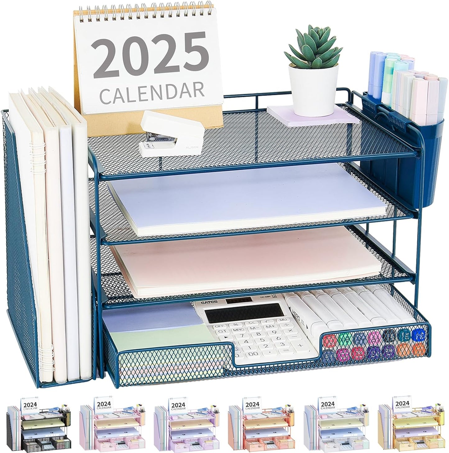Desk Organizer and Accessories, 4-Tier Desktop File Organizer with Drawer and 2 Pen Holders, Office Desk Accessories, File Sorters, Workspace Organizers for Office Supplies(Dark Blue)