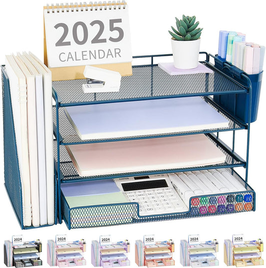 Desk Organizer and Accessories, 4-Tier Desktop File Organizer with Drawer and 2 Pen Holders, Office Desk Accessories, File Sorters, Workspace Organizers for Office Supplies(Dark Blue)