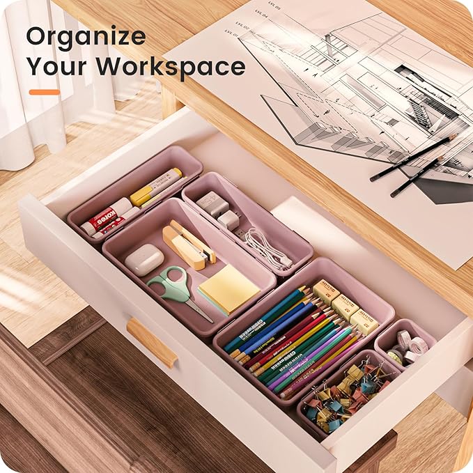 A-LuGei 【𝟮𝟴𝗣𝗖𝗦】 【𝟱𝗦𝗶𝘇𝗲】 Purple Drawer Organizer, Makeup organizer, 【Holds 177 Items】 Bathroom Organizers and Storage, Plastic Desk Organizer Divider, Organizer Bins for Office Vanity