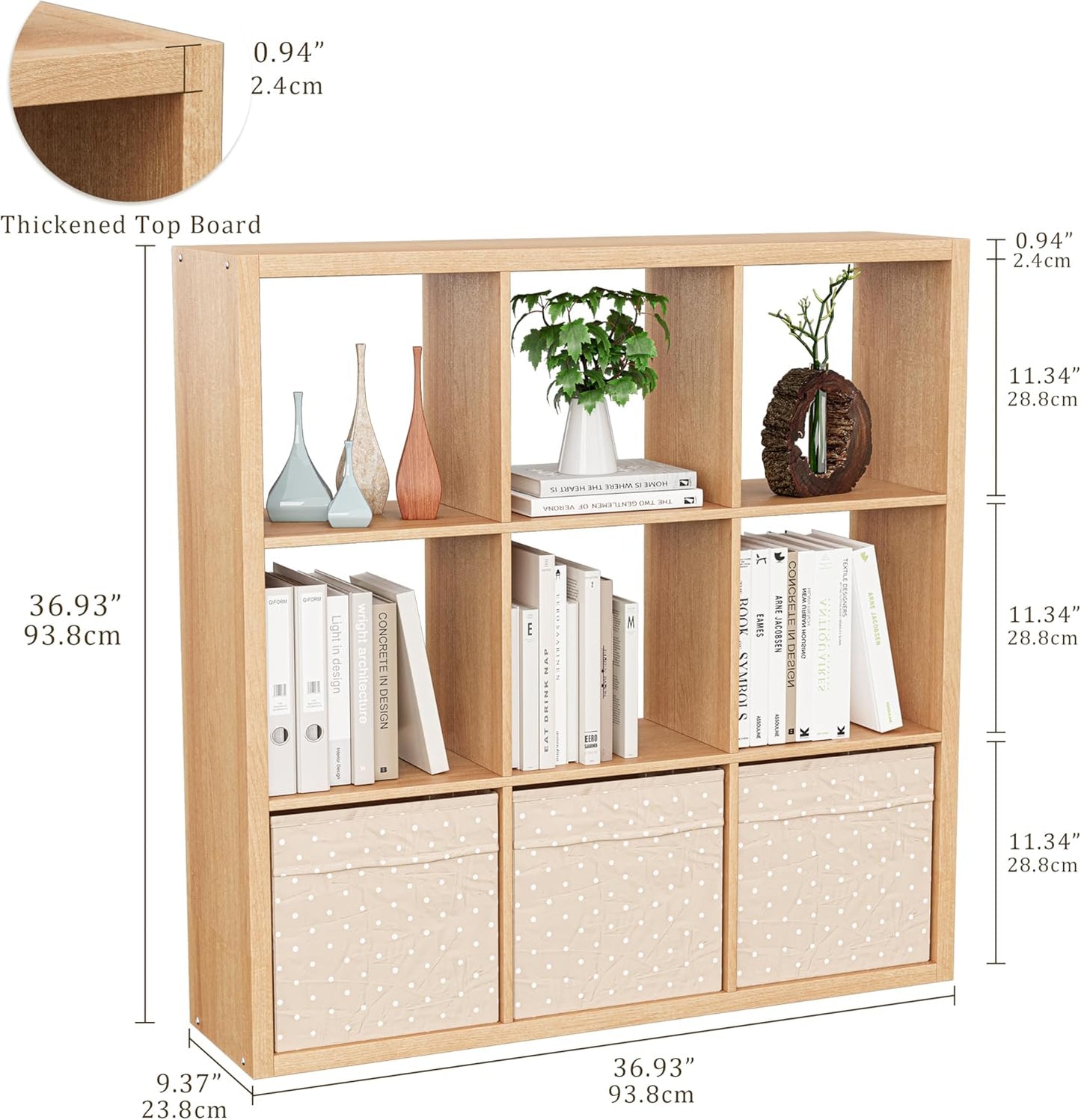 Cube Storage Organizer Bookcase, Decorative 11 inch Open Back Cubical Shelf with Thickened Border, Display Bookshelf for Living Room, Home Office, Sturdy Room (Natural Oak, 9 Cube)