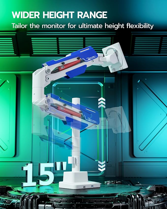 ARES WING Single Monitor Mount with USB, Ultrawide Monitor Arm for 24 to 57 Inch Heavy Duty Curved Screen, Adjustable Gas Spring Monitors Arm Stand up to 66LBS with 75/100/200 Vesa Mount, White