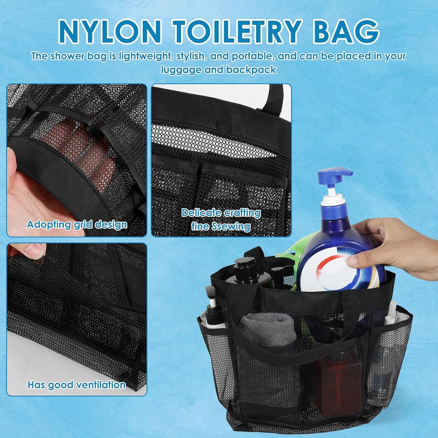 3 Pcs Mesh Shower Caddy Tote Bag Large Capacity Basket with 9 Storage Pocket Portable Hanging Toiletry Caddy Bag Breathable Toiletry Caddy Organizer for Bathroom College Dorm Gym Camping Travel