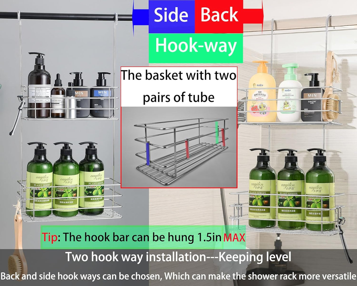 Hanging Shower Rack Shower Caddy with Rotatable Hook bar Over the Door and Can be Hung on the Faucet or Claw Foot, 304 Stainless Steel Rust Proof and Durable (Double-Layer)