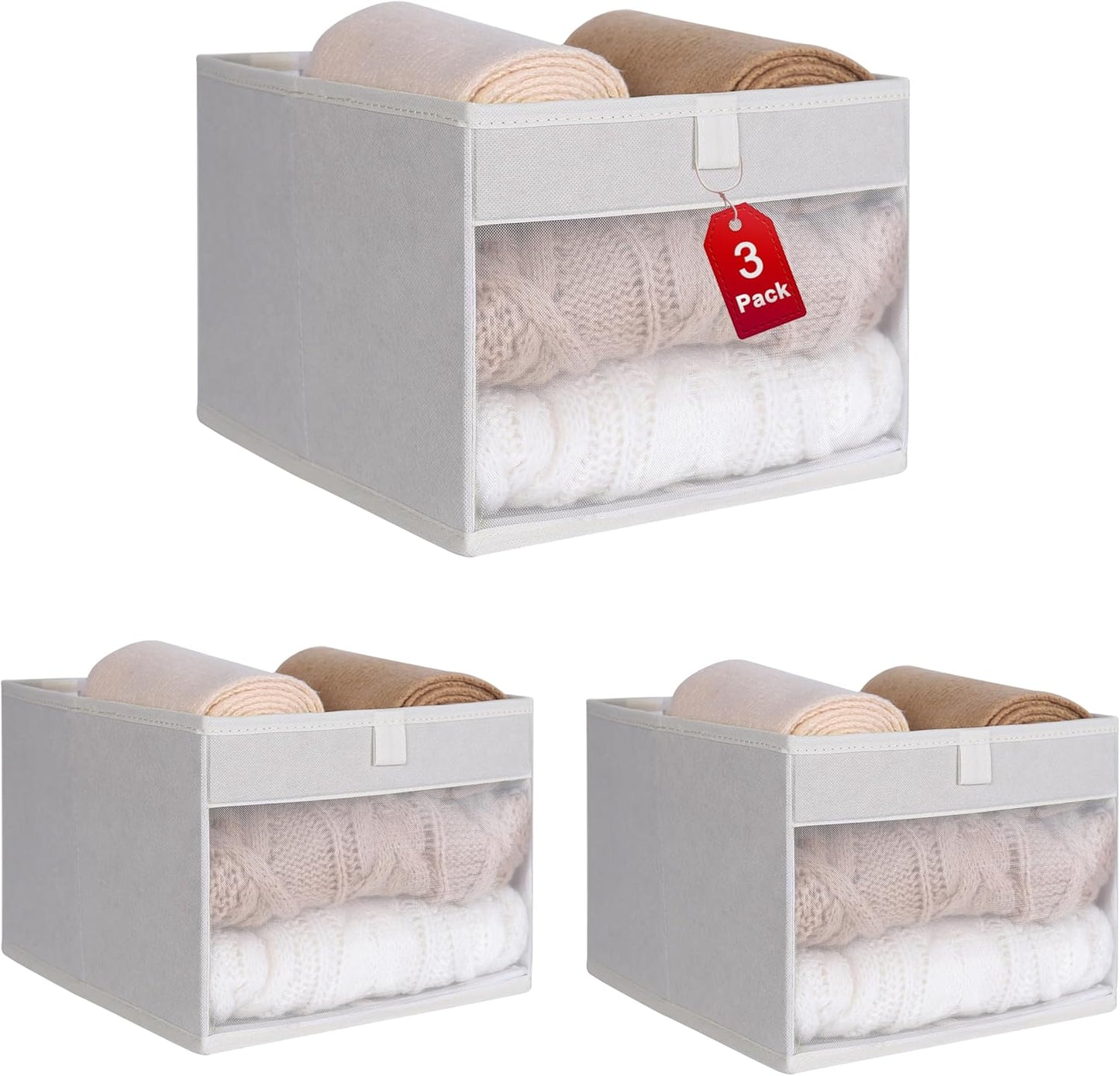 WUIKE 3 Pack Medium Storage Bins with Clear Window, Fabric Storage Bins for Home and Closet Organization, Beige