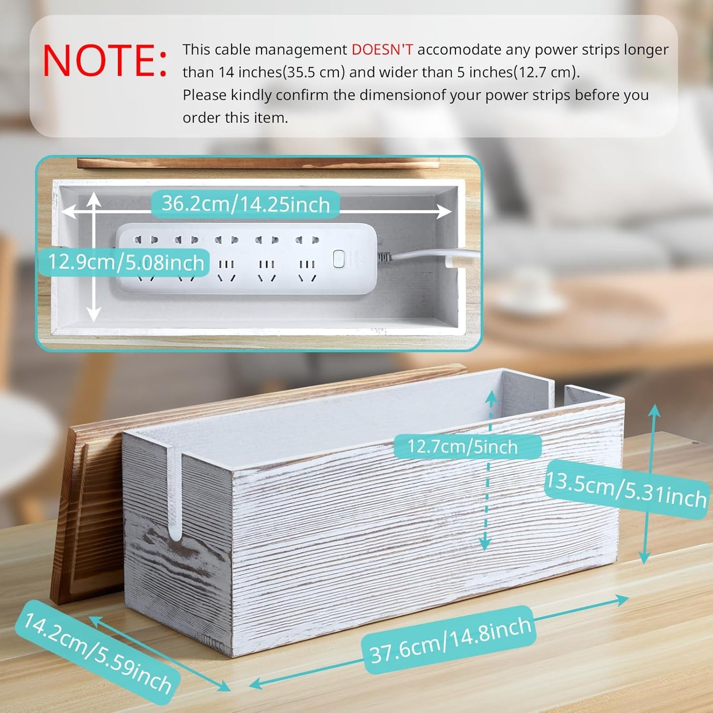 Large Cable Management Box, White Washed Wood Cord Organizer Box for Desk, Floor, Office to Hide Extension Cords Power Stripes Surge Protectors Chargers Wires