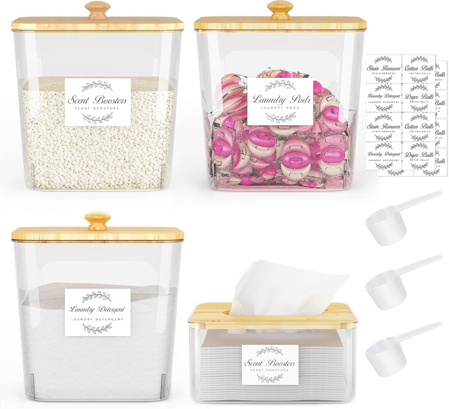 Laundry Room Organization and Storage, Laundry Pods Container and Dryer Sheet Holder with Bamboo Lids and Labels, Laundry Organizer with Scoops for Booster Beads, Powder, Pods, 3+1 Pack