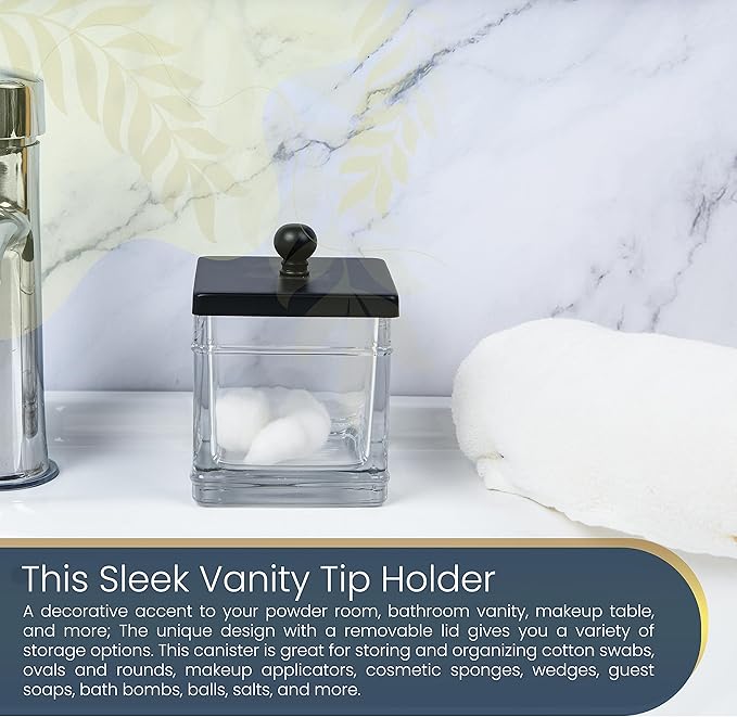 Clear Transparent Hotel Style Apothecary Tempered Glass Canister Jar W/ Matte Black Metal Lid Cover, Classic Countertop Organizer for Cotton balls/pads, Floss Picks, Makeup Storage