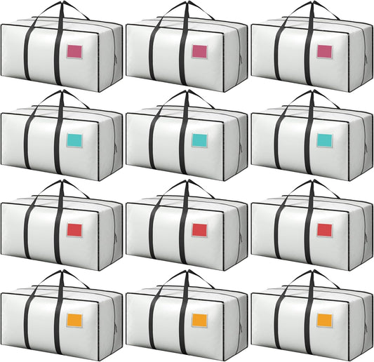 12 Pack Extra Heavy Duty Large Moving Bags with Reinforced Zipper & Wide Handles, Waterproof Storage Bins for Clothes, College Dorm, Travel, and Home Organization, White