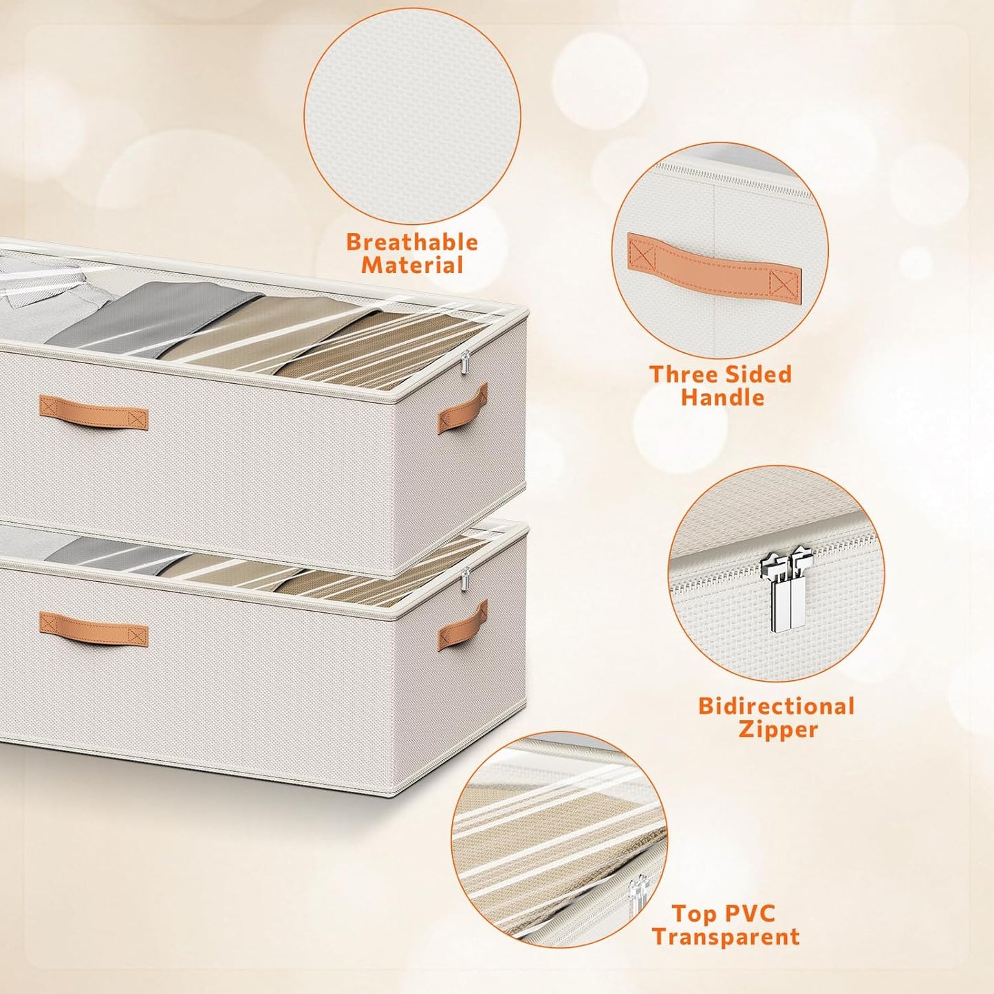 10 Inch 2 Pack Under Bed Storage Containers, 10 Inch Tall Underbed Clothes Storage Organizer Bin with Clear Window，Foldable Box Basket for Clothes, Closet, Bed Sheets and Blankets White