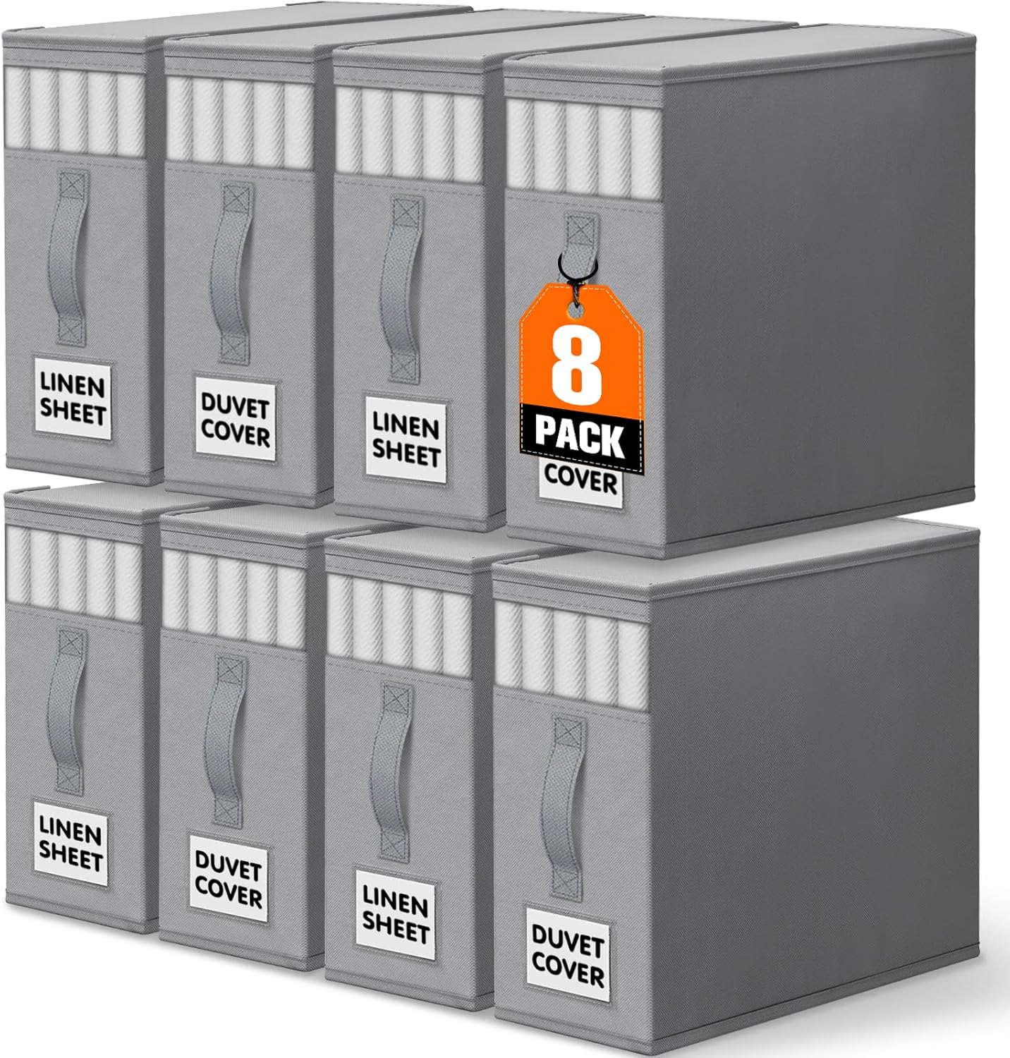 WOWBOX Sheet Organizers and Storage,Closet Bed Sheet Organizer Under Bed Storage and Organization with Label Cards & Clear Window for Bedding Sheets,Duvet Covers,Blankets (8 Pack，Gray)