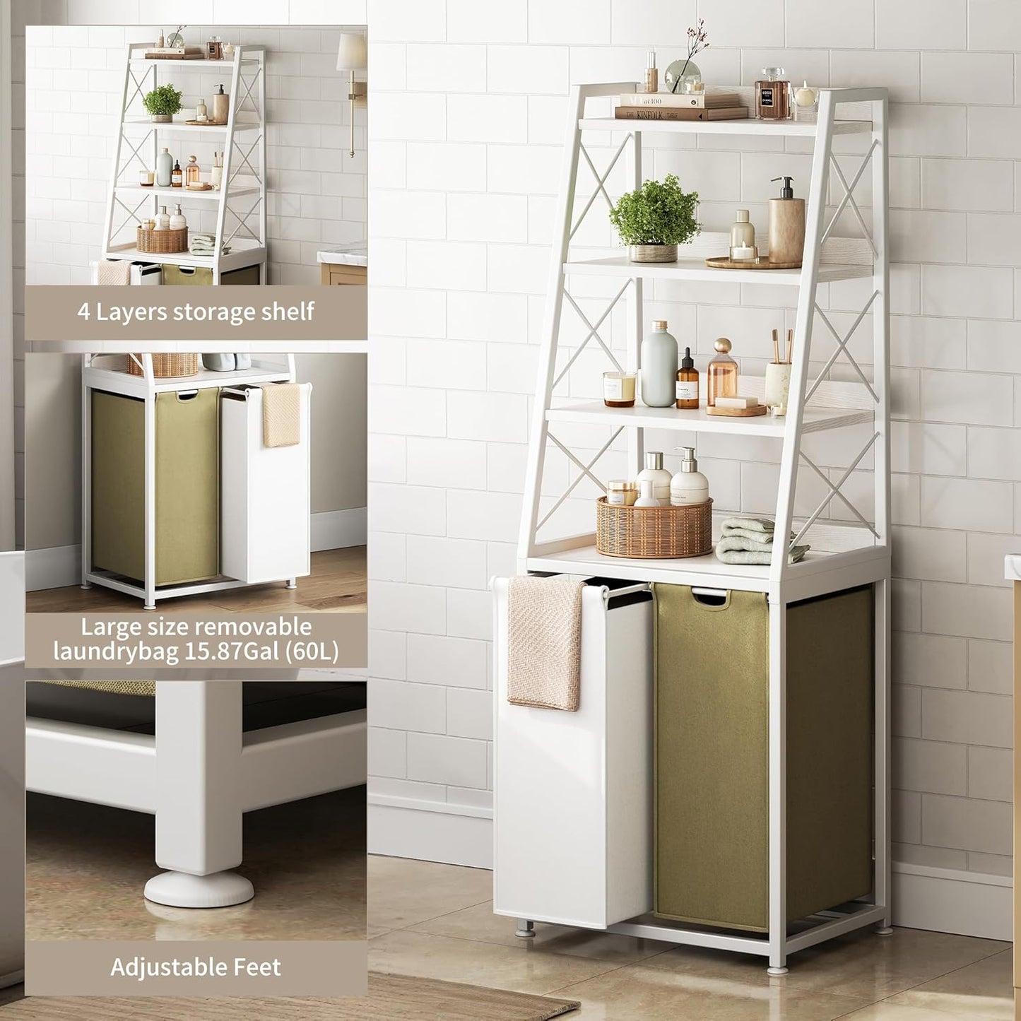 Laundry Basket, 2 Section Laundry Hamper with 4 Tiers Shelf, Pull-Out and Removable Laundry Bags, Large 2 x 15.87 Gallons, for Bedroom Bathroom White PF11XLE