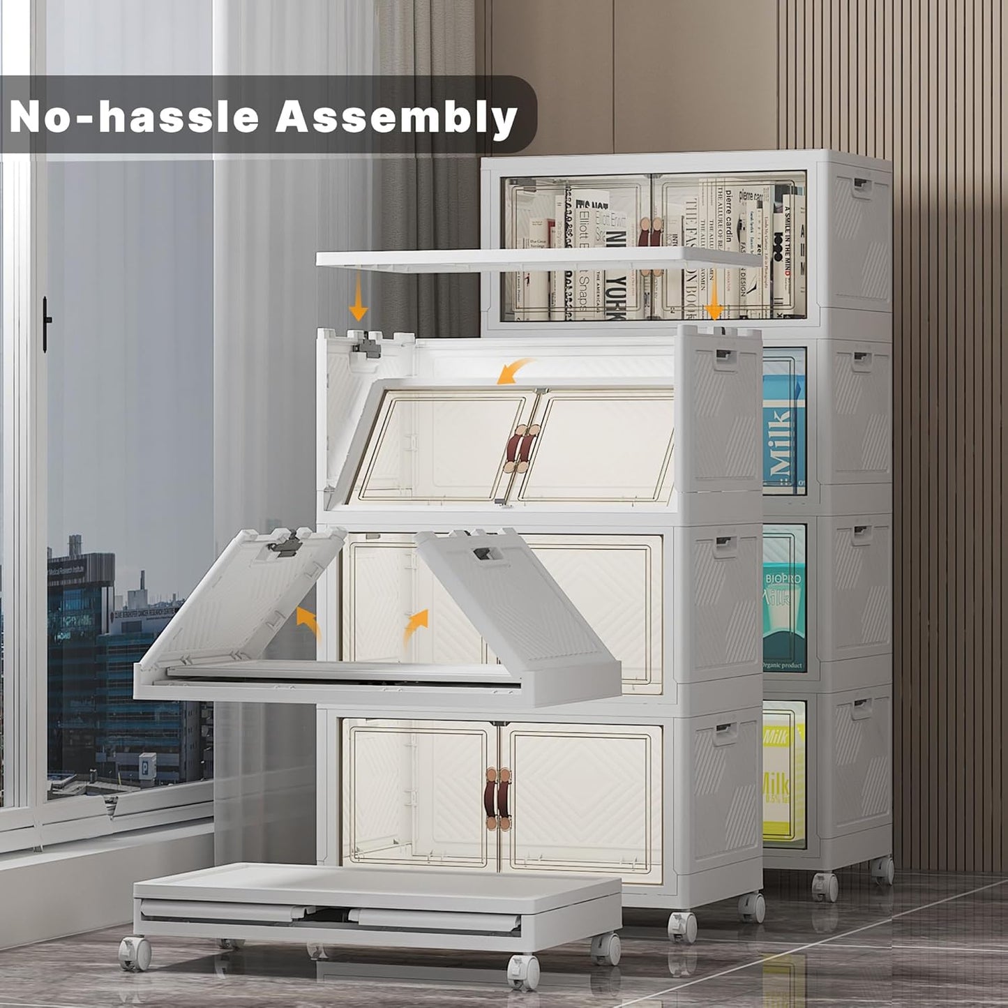 Extra Large Stackable Storage Bins with Lids & Wheels & Door, 208QT-52QT/13GAL*4Pack Foldable Collapsible Closet Organizers, Plastic containers drawers for bedroom Dorm