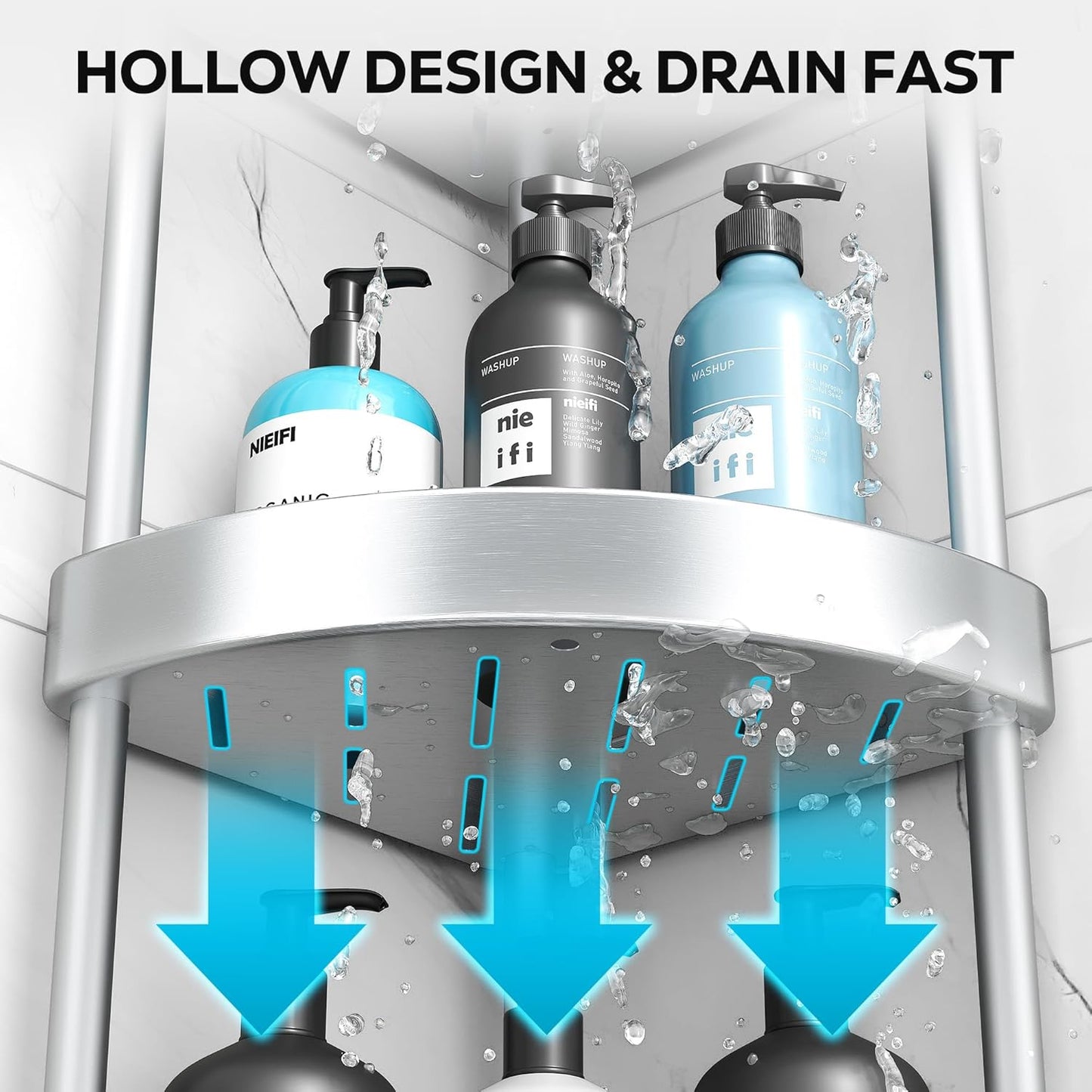 Nieifi Corner Shower Caddy Stand-4 Tier Rustproof Anodized Aluminum Standing Shower Organizer-Shower Caddy Corner-Dual Stability to Anti-Shaking-Height-Adjustable Legs for Uneven Surfaces-Silver