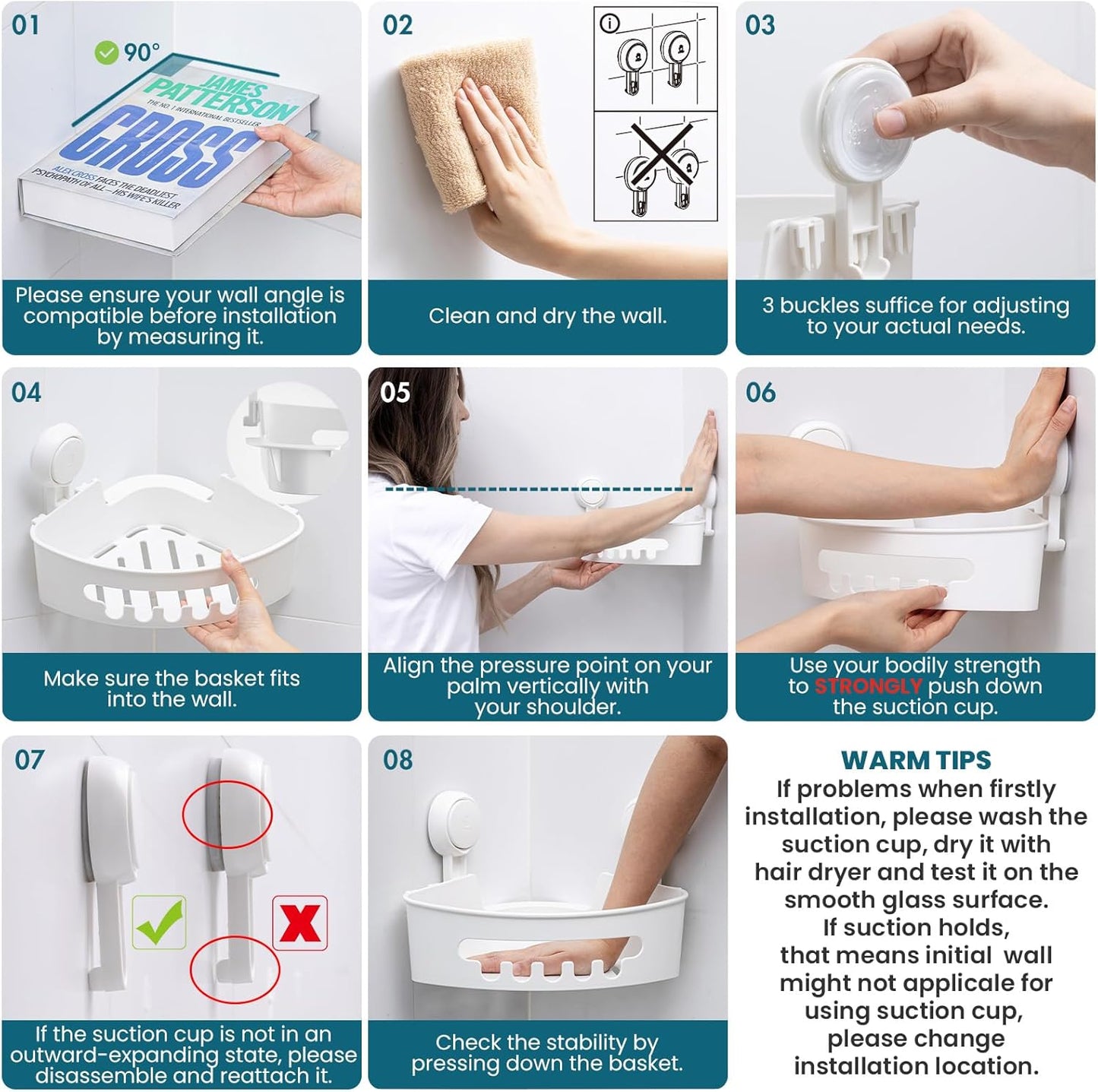 TAILI Suction Corner Shower Caddy, Bathroom Shelf Storage Basket Wall Mounted Organizer for Shampoo, Conditioner, Plastic Rack for Kitchen&Bathroom, Drill-Free Removable (2 Pack)