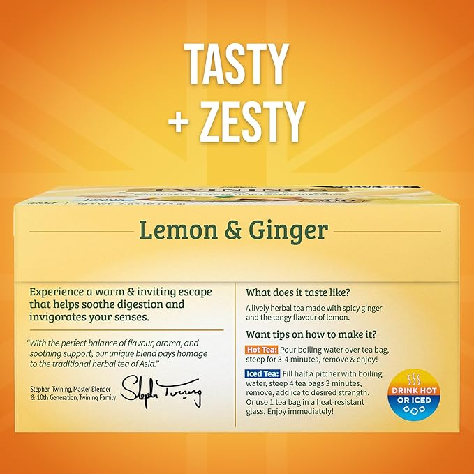 Twinings Lemon & Ginger Herbal Tea Individually Wrapped Bags, 50 Count (Pack of 6), Tangy Lemon & Spicy Ginger, Naturally Caffeine-Free, Enjoy Hot or Iced, 300 Teabags