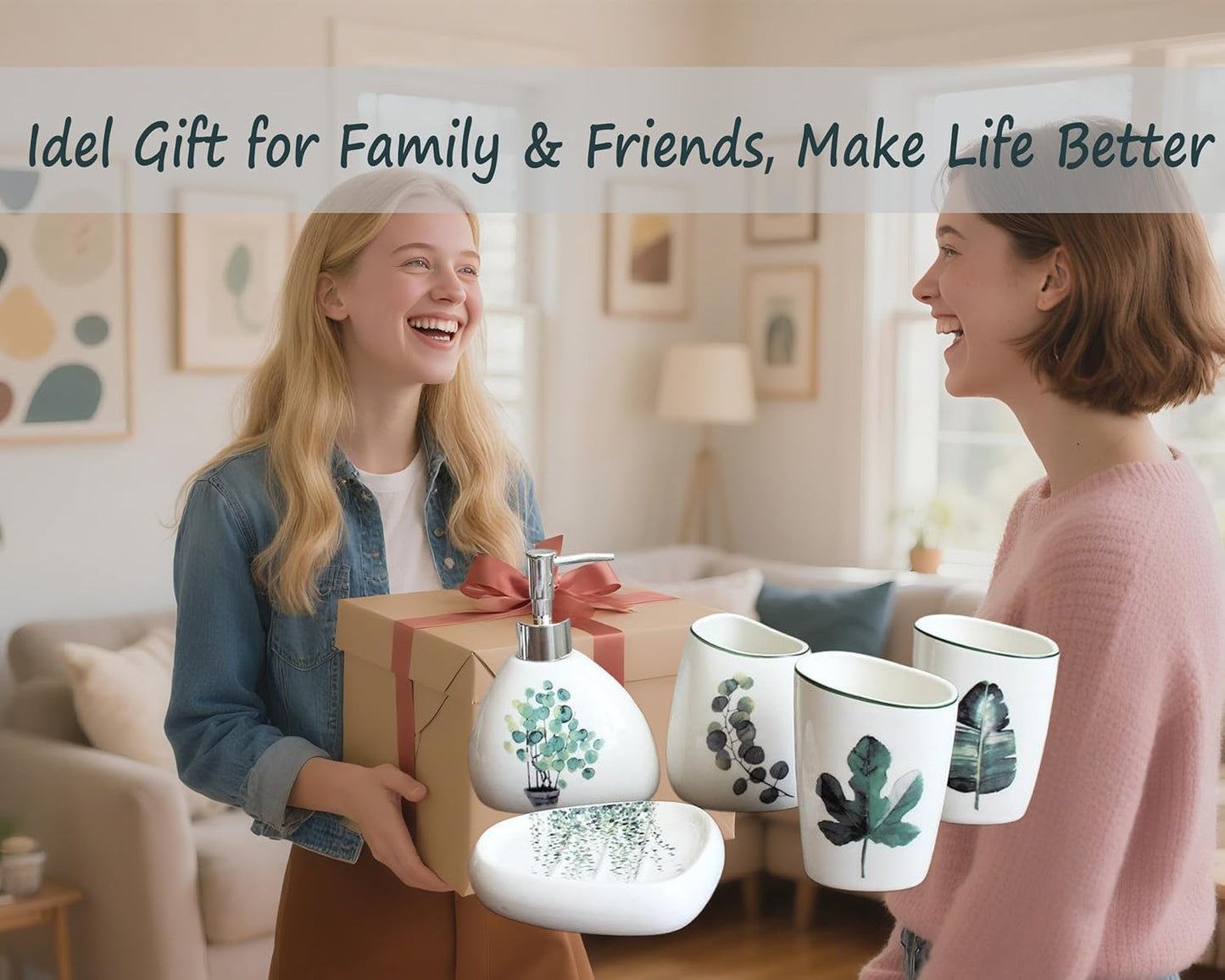 5 Piece Ceramic Bathroom Accessory Set with Botanical Pattern, Includes Soap Dispenser, Toothbrush Holder, Soap Dish & 2 Mouthwash Cups, Modern Elegant Countertop Decor for Bathroom Vanity