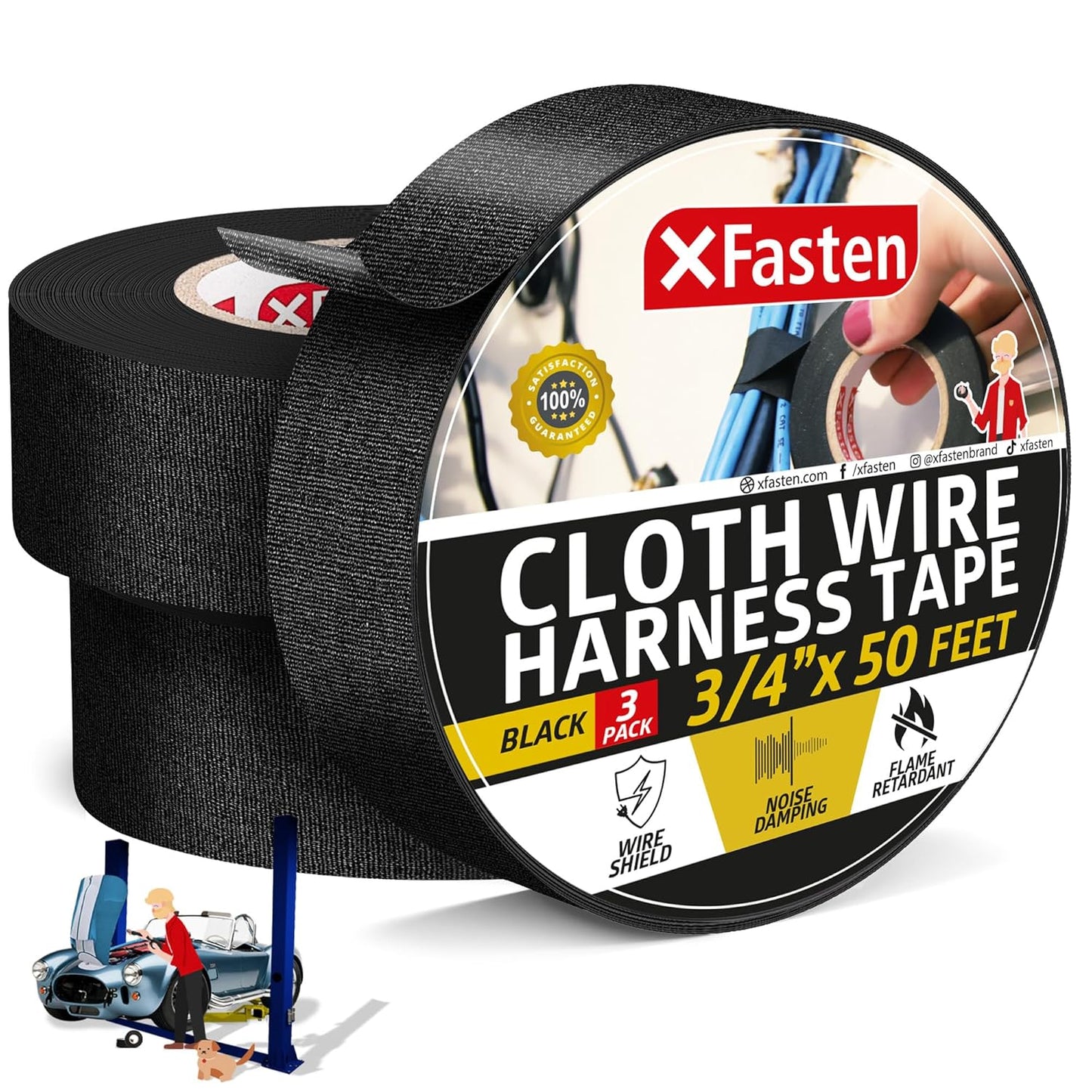 XFasten Wire Harness Tape, 3/4-Inch x 50-Foot (3-Pack), High Temp Wiring Loom Harness, Self-Adhesive Felt Cloth Electrical Tape for Automotive Engines, Noise Dampening, and Cable Protection