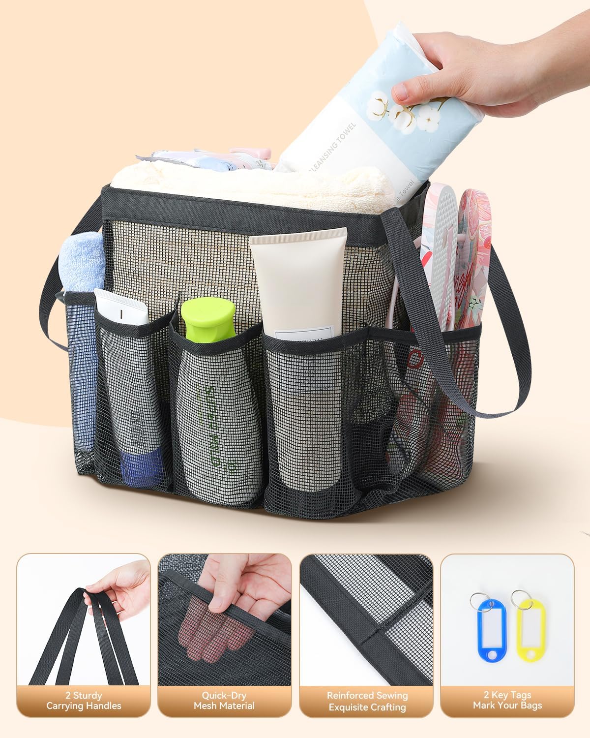 Temede Mesh Shower Caddy Tote, Large Shower Caddy Basket Portable, Quick Dry Hanging Toiletry Bag, 8 Storage Pocket Handle Bath Organizer for College Dorm, Gym, Camp, Travel