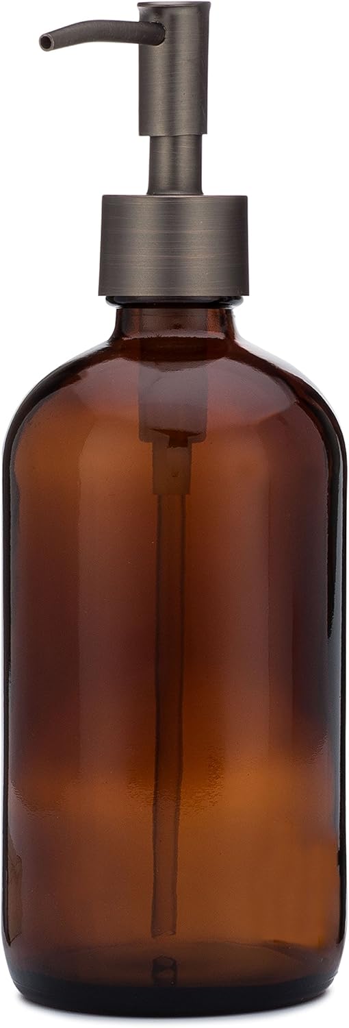Rail19 Market Amber Glass Soap Dispenser with Metal Pump - Liquid Hand Soap & Lotion for Kitchen and Bathroom, 16oz (Bronze Rustic)