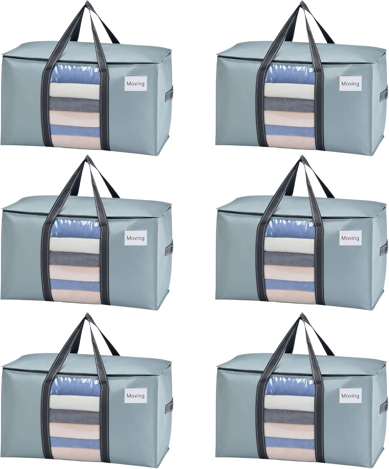 VENO 6 Pack Moving Bags, Moving Supplies, Moving Boxes, College Packing Storage Boxes with Lids Alternative, Heavy Duty Totes, Extra Large, Sturdy Handles, Zipper (Light Blue with Window, 6 Pack)
