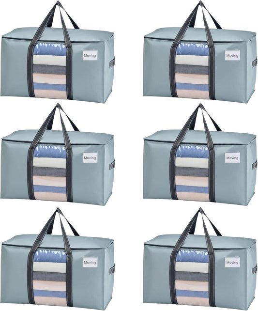 VENO 6 Pack Moving Bags, Moving Supplies, Moving Boxes, College Packing Storage Boxes with Lids Alternative, Heavy Duty Totes, Extra Large, Sturdy Handles, Zipper (Light Blue with Window, 6 Pack)