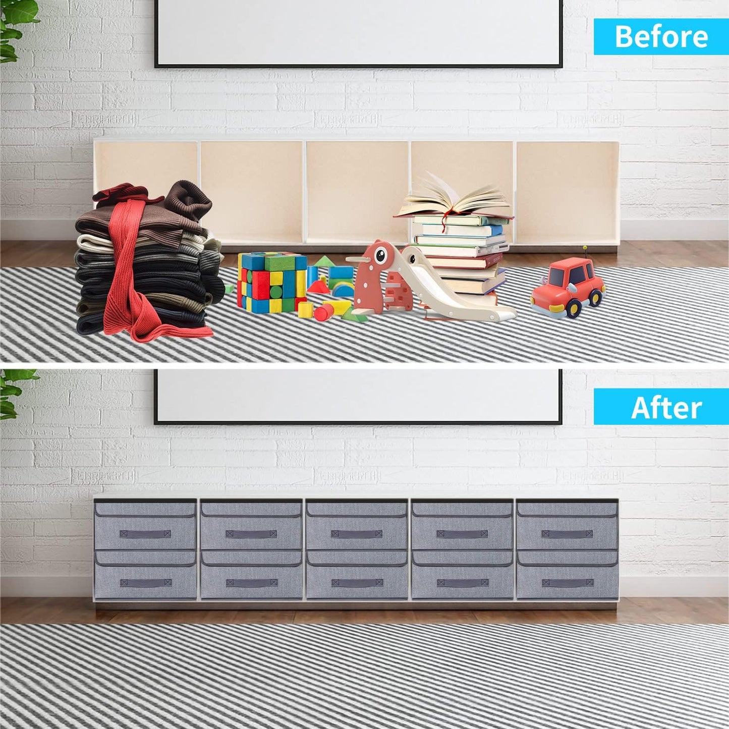 Onlyeasy Foldable Storage Bins Cubes Boxes with Lid - Storage Box Cube Cubby Basket Closet Organizer Pack of 2 with Leather Handles for Closet Bedroom, 13" x 13", Linen-like Grey, MXDLB2P