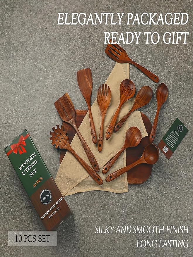 100% Natural Teak Wood Wooden Utensil Set – 10 Pcs Durable Kitchen Spoons for Cooking – Non-Stick & Heat Resistant, Eco-Friendly & Comfortable Grip