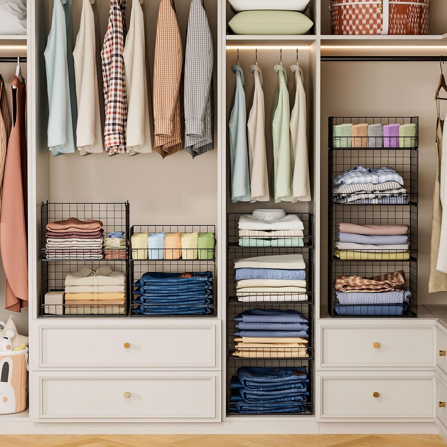 4 Tier Stackable Closet Organizers and Storage Shelves, Foldable Closet Shelf Organizer System, Stackable Storage Bins Drawers for Clothes Organizer System, Black(Patent Pending)