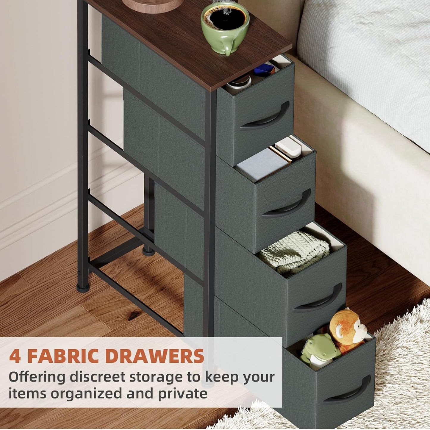 Somdot Narrow Dresser with 4 Drawers, Slim Storage Organizer Chest of Drawers with Removable Fabric Drawers for Small Spaces Bathroom Closet Bedroom Laundry, Charcoal Grey
