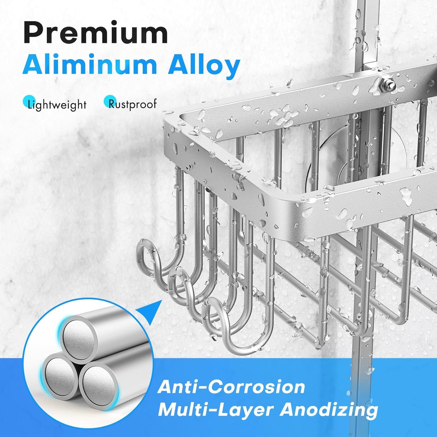 Aluminum Alloy Hanging Shower Caddy for Handheld Shower Heads,Rustproof Hose Shower Organizer 4 Levels Height Adjustable Shower Rack with Hooks,Razor Holder,Soap Holder