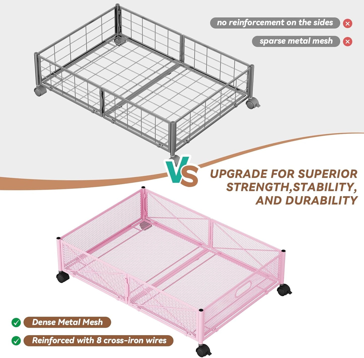 Under the Bed Storage Containers with Wheels, Under Bed Storage, Under Bed Shoe Storage Organizer Drawer, Tool-free Assembly Metal Underbed Storage Containers -Pink
