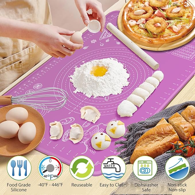 Silicone Baking Mat 32" x 24" Extra Thickness Dough Rolling Mat with Measurements and Edge Heightening, Non-stick Food Grade Silicone Pastry Mat for Pastry, Bread, Cookies, Pizza, Fondant, Pasta