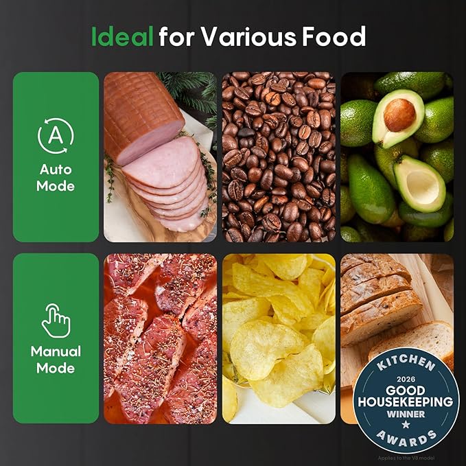 FRESKO Food Vacuum Sealer with Automatic Bag Detection, Double Heat Seal, Built-in Bag Roll Storage & Cutter, 2 Rolls Bags, Starter Kit