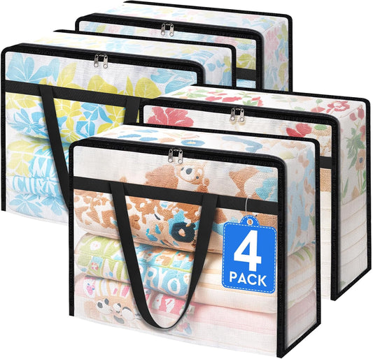 4 Pack Clear Storage Bags for Comforter, Clothes & Bedding, Plastic Blanket Storage with Zipper and Handle, Moving Bags, Closet Organizer and Under-Bed Storage (40L)