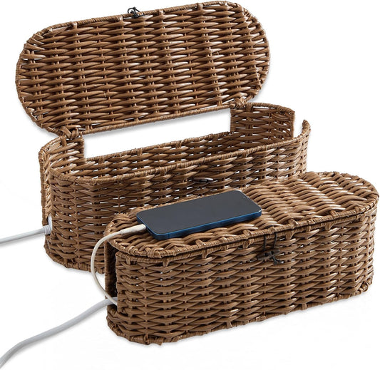 FairyHaus Cable Management Box 2Pack Brown, Handwoven Large and Small Cable Organizer Box Cover to Hide Cords and Power Strip, Imitation Wicker Cord Organizer Box Hider for Office Desk and Floor