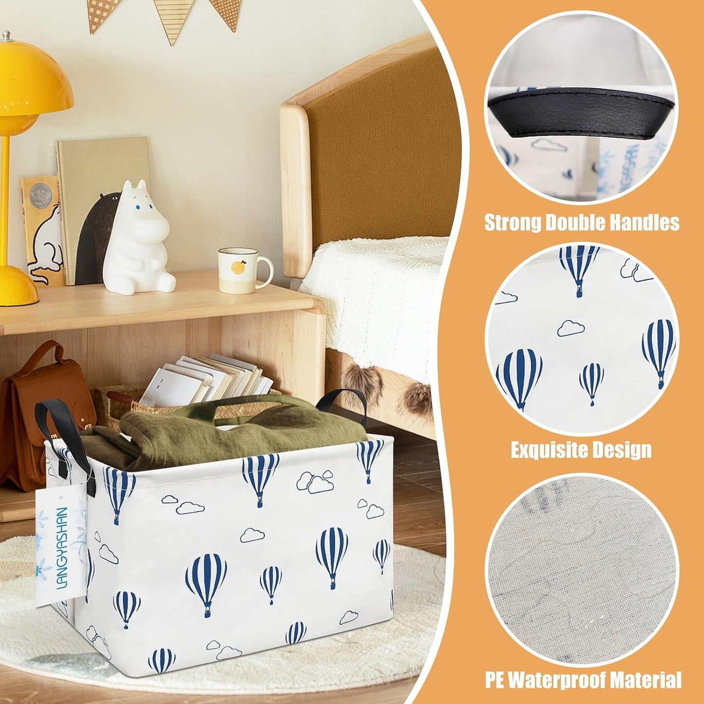 LANGYASHAN Rectangular Storage Bin Collapse Canvas Fabric Cartoon Storage Basket with Handles for Organizing Home Kitchen Boys and Girls Toys Office Closet Shelf Baskets (Rec Blue Balloon)