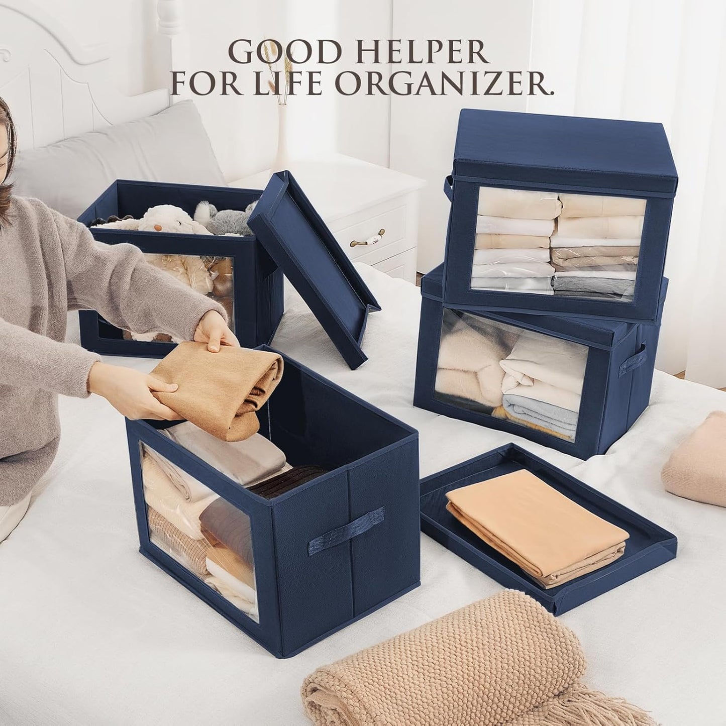 Stackable Storage Bins with Lids - Large Storage Box with Lids, Foldable Closet Boxes for Organizing, Wardrobe Clothes Organizer with Window, Cubes Bins for Living Room, 4 Pack, Navy Blue