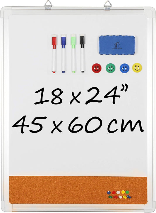 White Board Cork Board Combo - 18x24 in Dry Erase Board with Cork and 1 Magnetic Eraser, 4 Dry Wipe Markers, 4 Magnets and 10 Pins - Wall Hanging Whiteboard with Corkboard for Home and Office